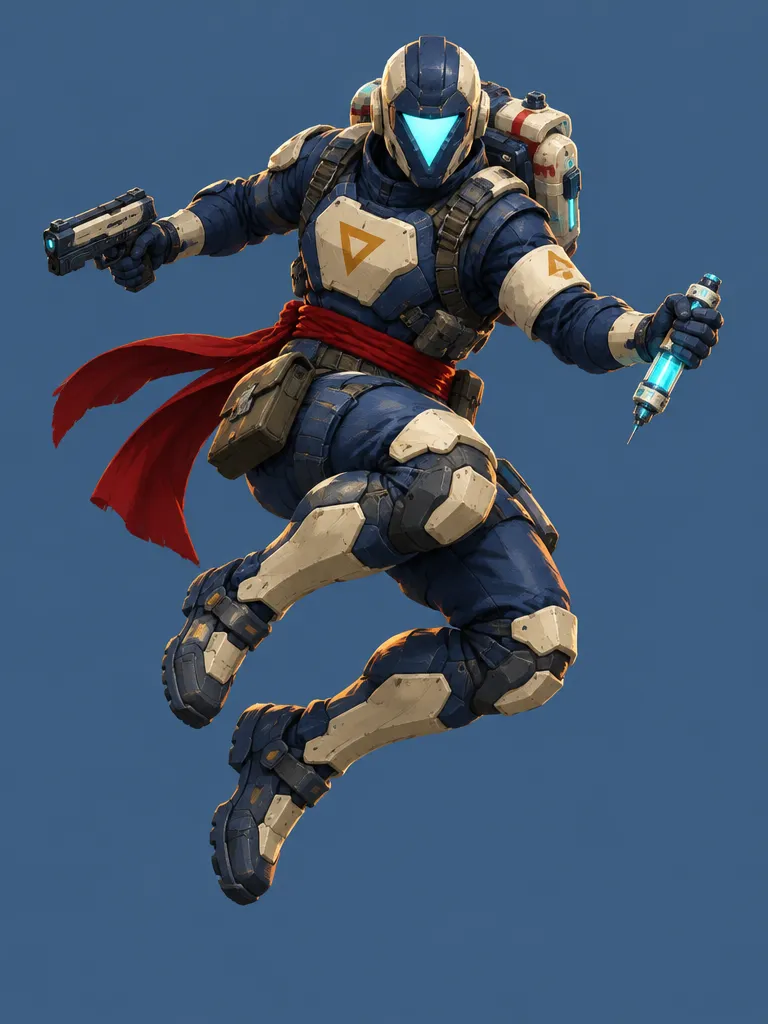 Medic Zealous Corps melompat dengan pistol di satu tangan dan injektor stim sian di tangan lain